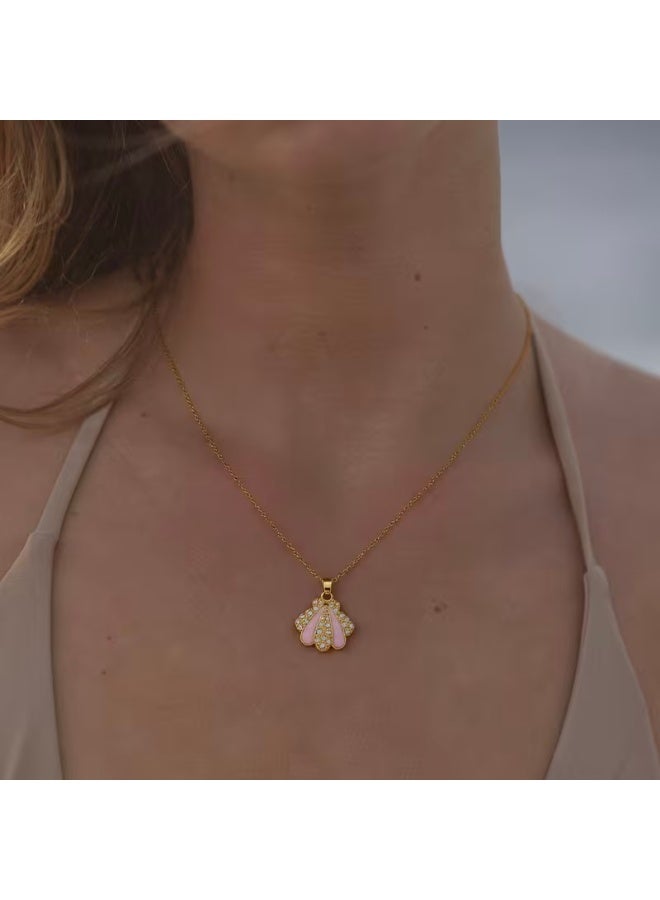 Pink Enamel Seashell Necklace – Gold Tone – Sparkling Zircon Shell Pendant – Hypoallergenic Stainless Steel - Image 1